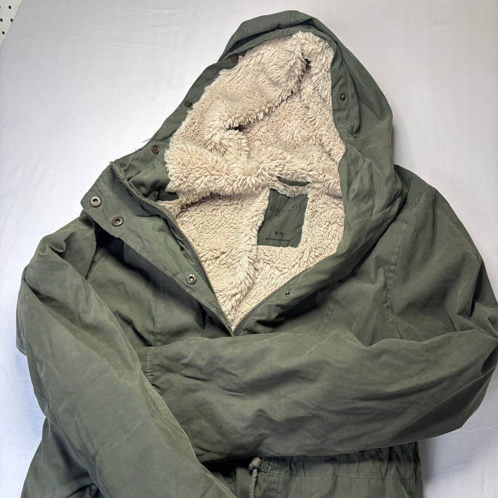 Aeropostale Parka Jacket Womens Medium Green Faux Fur Lined Hooded Utility Coat